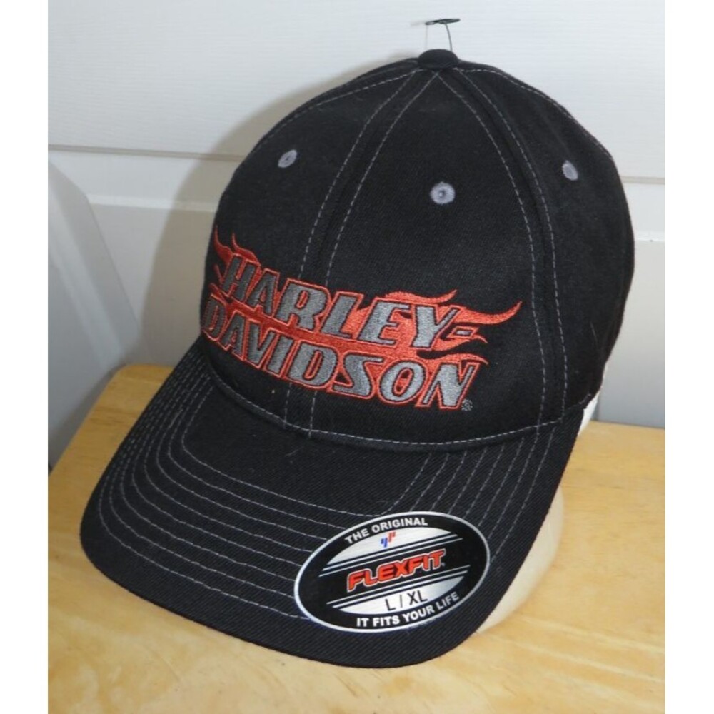 *NWT* Harley-Davidson Black Flexfit Fitted Cap L/XL Stretch Flame Embroidered